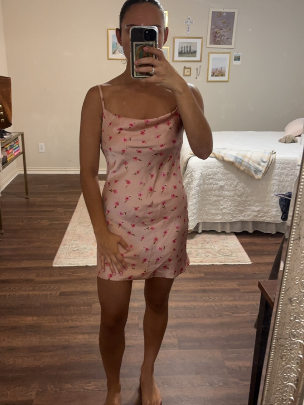 Pink Floral Satin Mini Slip Dress with Cowl Neck